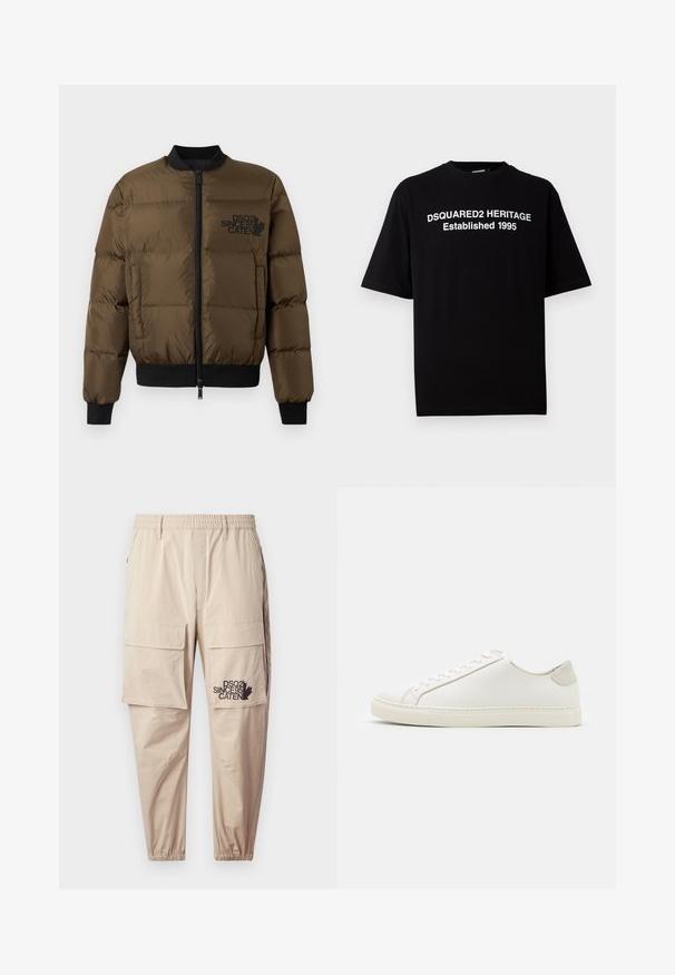 Olive green puffer jacket with a zip front, ribbed cuffs, and hem. Features black logo print on the chest and quilted design.; Black short-sleeve t-shirt in cotton with a crew neck, featuring white text: "DSQUARED2 HERITAGE Established 1995" on the front.; Beige cargo pants made of lightweight fabric, featuring an elastic waistband, zip pockets, and a printed logo on the left leg.; White leather sneaker with a smooth surface, round toe, and minimalistic design. Features beige accents on the heel and a rubber sole.