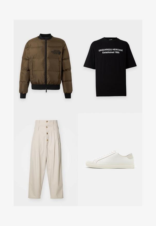 Olivově zelená péřová bunda se zipem vpředu, žebrovanými manžetami a spodním lemem. Obsahuje černý potisk loga na hrudi a prošívaný design.; Černé tričko s krátkým rukávem vyrobené z bavlny s kulatým výstřihem, na přední straně s bílým nápisem: "DSQUARED2 HERITAGE Established 1995".; Béžové kalhoty s vysokým pasem a rovným střihem, které mají čtyři přední knoflíky, záhyby a boční kapsy. Hladká textura látky.; Bílé kožené tenisky s hladkým povrchem, kulatou špičkou a minimalistickým designem. Disponují béžovými akcenty na patě a gumovou podešví.