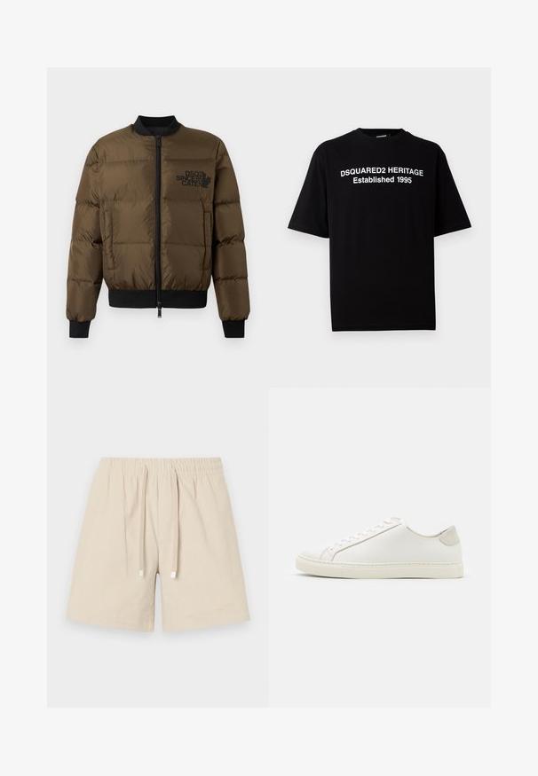 Olivengrøn puffjakke med lynlås foran, ribbede manchetter og kant. Har sort logo-print på brystet og kviltet design.; Sort T-shirt med korte ærmer i bomuld med rund hals, der har hvid tekst: "DSQUARED2 HERITAGE Grundlagt 1995" på forsiden.; Beige bomulds shorts med elastisk talje og snor. Har struktureret stof med en glat overflade og firkantede metal accenter på snorene.; Hvide lædersneakers med en glat overflade, rund tå og minimalistisk design. Funktioner i beige nuancer på hælen og en gummisål.