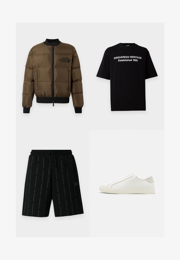 Chaqueta de plumas verde oliva con cremallera frontal, puños acanalados y dobladillo. Cuenta con un logo negro impreso en el pecho y un diseño acolchado.; Camiseta negra de manga corta de algodón con cuello redondo, que presenta texto en blanco: "DSQUARED2 HERITAGE Establecido en 1995" en la parte delantera.; Pantalones cortos deportivos negros con cintura elástica y cordón. Presentan un logo impreso repetido en un tono contrastante a lo largo de la tela.; Zapatilla blanca de cuero con una superficie suave, punta redonda y diseño minimalista. Presenta acentos en beige en el talón y una suela de goma.