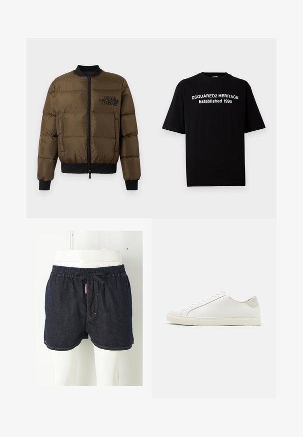 Alyvuogių spalvos pūkinė striukė su užtrauktuku priekyje, gofruotomis rankogaliais ir hemu. Striukė turi juodą logotipo spaudą krūtinėje ir siuvinėjimo dizainą.; Juodas trumpomis rankovėmis medvilninis marškinėlis su apvaliu kaklu, priekyje su balta užrašu: "DSQUARED2 HERITAGE Įkurtas 1995".; Tamsiai mėlyni džinsiniai šortai su elastinga juostos dalimi, raišteliu ir kontrastinėmis geltonomis siūlėmis. Priekyje yra prekės ženklo etikettė.; Baltos odinės sportinės avalynės, lygiu paviršiumi, apvaliu nosiu ir minimalistiniu dizainu. Su smėlio spalvos akcentais ant kulno ir guminis padas.
