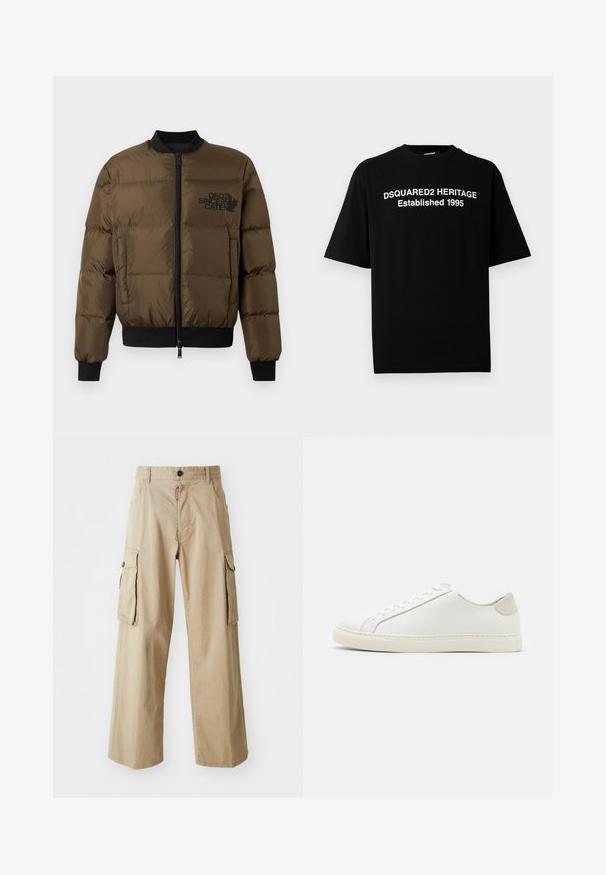 Olijfgroene pufferjack met een ritssluiting aan de voorkant, geribbelde manchetten en zoom. Bevat een zwart logo op de borst en een gequilt ontwerp.; Zwarte katoenen t-shirt met korte mouwen en een ronde hals, met op de voorkant witte tekst: "DSQUARED2 HERITAGE Established 1995".; Beige cargobroek van katoen, met een brede pijpdesign, twee grote zijzakken en een knoopsluiting bij de taille.; Witte leren sneaker met een gladde oppervlakte, ronde neus en minimalistisch ontwerp. Heeft beige accenten op de hiel en een rubberen zool.