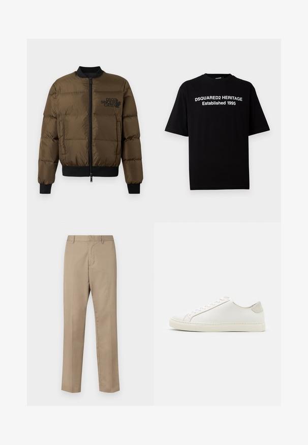 Olivově zelená péřová bunda se zipem vpředu, žebrovanými manžetami a spodním lemem. Obsahuje černý potisk loga na hrudi a prošívaný design.; Černé tričko s krátkým rukávem vyrobené z bavlny s kulatým výstřihem, na přední straně s bílým nápisem: "DSQUARED2 HERITAGE Established 1995".; Beige kalhoty vyrobené z lehkého materiálu, s plochým předním dílem, bočními kapsami a rovnými nohavicemi s hladkou texturou.; Bílé kožené tenisky s hladkým povrchem, kulatou špičkou a minimalistickým designem. Disponují béžovými akcenty na patě a gumovou podešví.