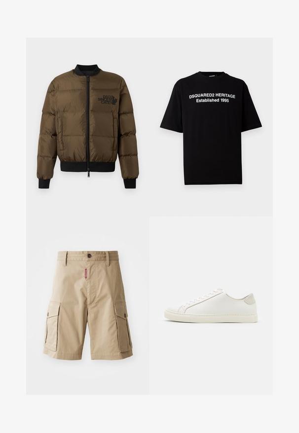 Doudoune vert olive avec fermeture éclair sur le devant, poignets et ourlet côtelés. Présente un logo noir imprimé sur la poitrine et un design matelassé.; T-shirt noir à manches courtes en coton avec un col rond, présentant un texte blanc : "DSQUARED2 HERITAGE Établi en 1995" sur le devant.; Shorts cargo beiges en mélange de coton, dotés de deux poches latérales, d'une fermeture à bouton et d'une étiquette rouge cousue à l'avant.; Baskets en cuir blanc avec une surface lisse, bout rond et design minimaliste. Présentent des accents beiges sur le talon et une semelle en caoutchouc.