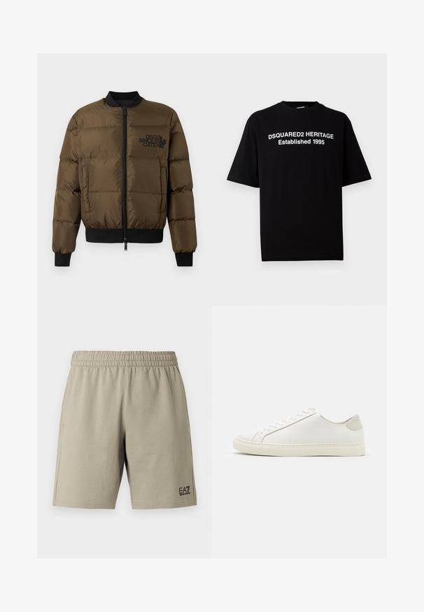 Olijfgroene pufferjack met een ritssluiting aan de voorkant, geribbelde manchetten en zoom. Bevat een zwart logo op de borst en een gequilt ontwerp.; Zwarte katoenen t-shirt met korte mouwen en een ronde hals, met op de voorkant witte tekst: "DSQUARED2 HERITAGE Established 1995".; Lichtbeige korte broek gemaakt van zachte stof, met een elastische tailleband en zijzakken. Voorzien van een klein zwart logo op het onderbeen.; Witte leren sneaker met een gladde oppervlakte, ronde neus en minimalistisch ontwerp. Heeft beige accenten op de hiel en een rubberen zool.