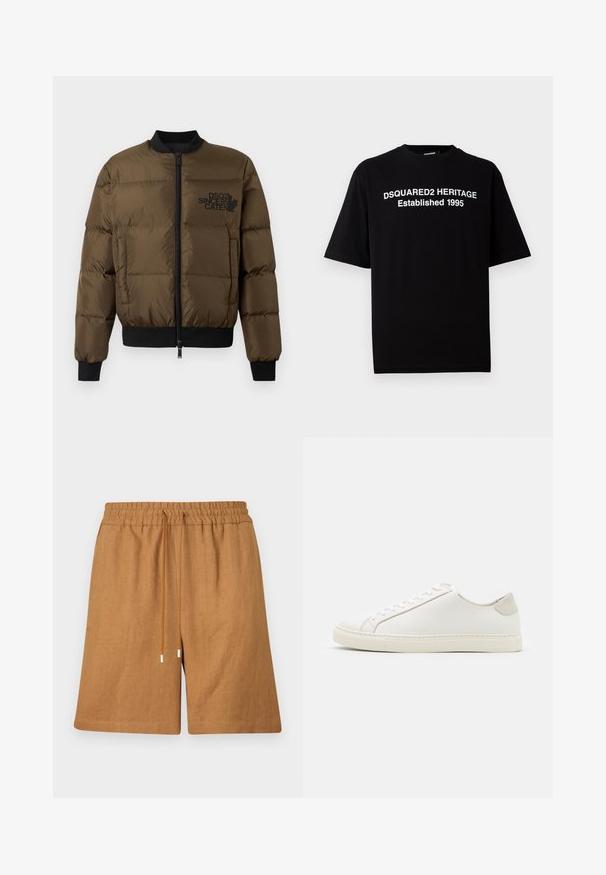 Jachetă puf verde măsliniu cu fermoar în față, manșete și tiv ribbate. Include un imprimeu negru cu logo pe piept și un design matlasat.; Tricou scurt din bumbac, negru, cu guler rotund, având text alb: "DSQUARED2 HERITAGE Înființat 1995" pe față.; Pantaloni scurți din in de culoare maro, cu talie elastică, sistem de închidere cu șnur și croială relaxată. Prezintă o textură netedă și tivuri cusute.; Tenisii albi din piele cu o suprafață netedă, vârf rotund și un design minimalist. Prezintă accente bej pe toc și o talpă din cauciuc.