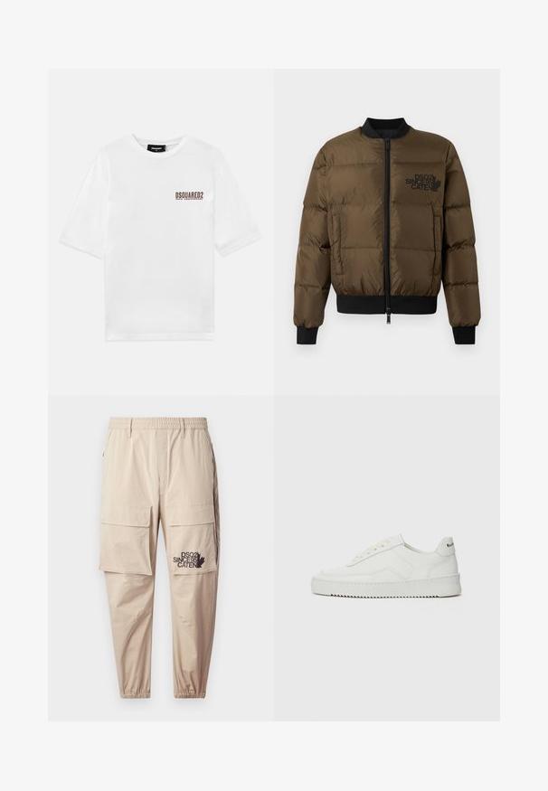 Doudoune vert olive avec fermeture éclair sur le devant, poignets et ourlet côtelés. Présente un logo noir imprimé sur la poitrine et un design matelassé.; T-shirt en coton blanc à manches courtes et col rond, avec un logo imprimé marron sur la poitrine gauche indiquant le 30e anniversaire.; Pantalons cargo beiges en tissu léger, avec une taille élastique, des poches zippées et un logo imprimé sur la jambe gauche.; Baskets en cuir blanc avec une finition lisse, bout arrondi, lacets plats et semelle texturée. Présente un logo discret sur le talon.