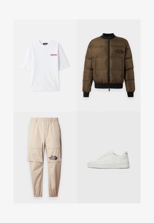 Olijfgroene pufferjack met een ritssluiting aan de voorkant, geribbelde manchetten en zoom. Bevat een zwart logo op de borst en een gequilt ontwerp.; Witte katoenen T-shirt met korte mouwen, voorzien van de rode tekst "OBSESSED2" aan de voorkant, links. Klassiek ronde hals ontwerp.; Beige cargopantalon van lichtgewicht stof, met een elastische tailleband, ritszakken en een bedrukte logo op het linkerbeen.; Witte leren sneaker met een gladde afwerking, ronde neus, platte veters en een gestructureerde zool. Kenmerkt zich door een subtiel logo op de hiel.