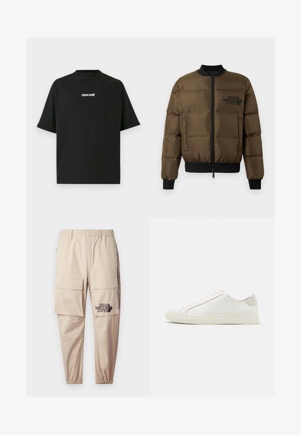 Olive green puffer jacket with a zip front, ribbed cuffs, and hem. Features black logo print on the chest and quilted design.; Black short-sleeve oversized T-shirt with white "roberto cavalli" logo centered on the chest, crewneck collar, and rolled sleeve hems.; Beige cargo pants made of lightweight fabric, featuring an elastic waistband, zip pockets, and a printed logo on the left leg.; White leather sneaker with a smooth surface, round toe, and minimalistic design. Features beige accents on the heel and a rubber sole.