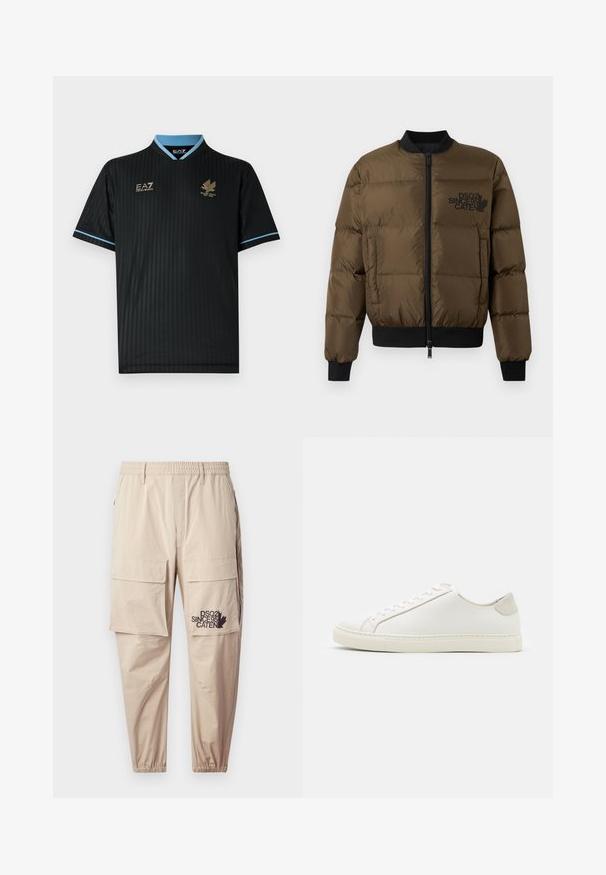 Oluvi zaļš pūkains jaciņš ar rāvējslēdzēju priekšā, ribotām piedurknēm un apakšmalu. Iezīmēts ar melnu logo druku uz krūšu un quilted dizainu.; Melna īss piedurkņu jersey ar vertikālām pinstripe svītrām, gaiši zils apkakle un akcenti, priekšpusē zelta logotipi.; Gaiši brūni cargo bikses, izgatavotas no viegla auduma, ar elastīgu jostasvietu, rāvējslēdzēja kabatām un uzdrukātu logotipu uz kreisās kājas.; Balti ādas sporta apavi ar gludu virsmu, noapaļotu purngala daļu un minimālistisku dizainu. Iezīmējas ar bežām akcentiem uz papēža un gumijas zoli.