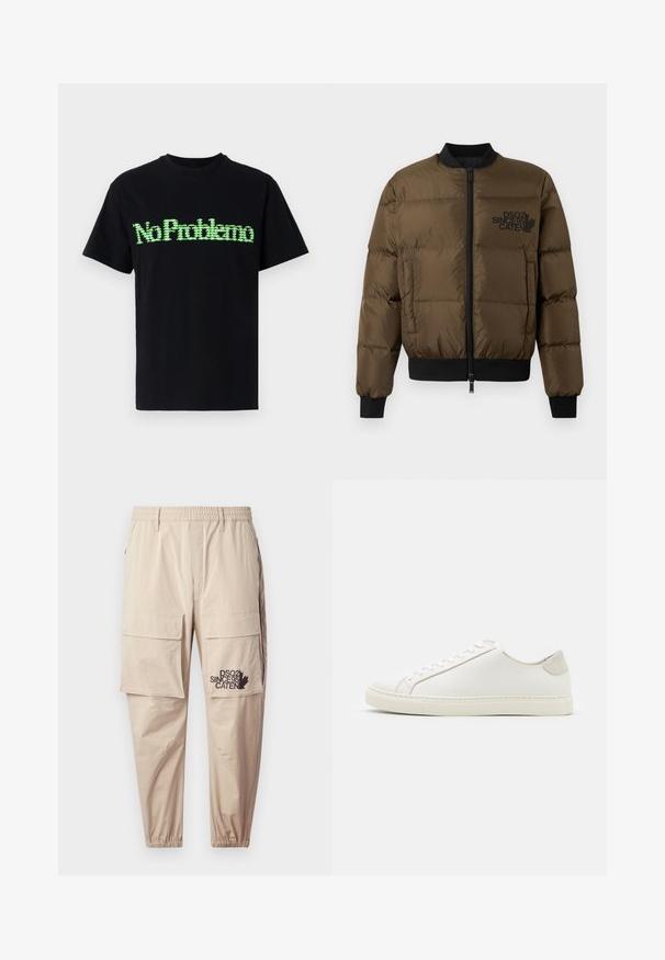 Olive green puffer jacket with a zip front, ribbed cuffs, and hem. Features black logo print on the chest and quilted design.; Black cotton t-shirt featuring a green pixelated graphic text "No Problemo" on the front. Short sleeves and a crew neckline.; Beige cargo pants made of lightweight fabric, featuring an elastic waistband, zip pockets, and a printed logo on the left leg.; White leather sneaker with a smooth surface, round toe, and minimalistic design. Features beige accents on the heel and a rubber sole.