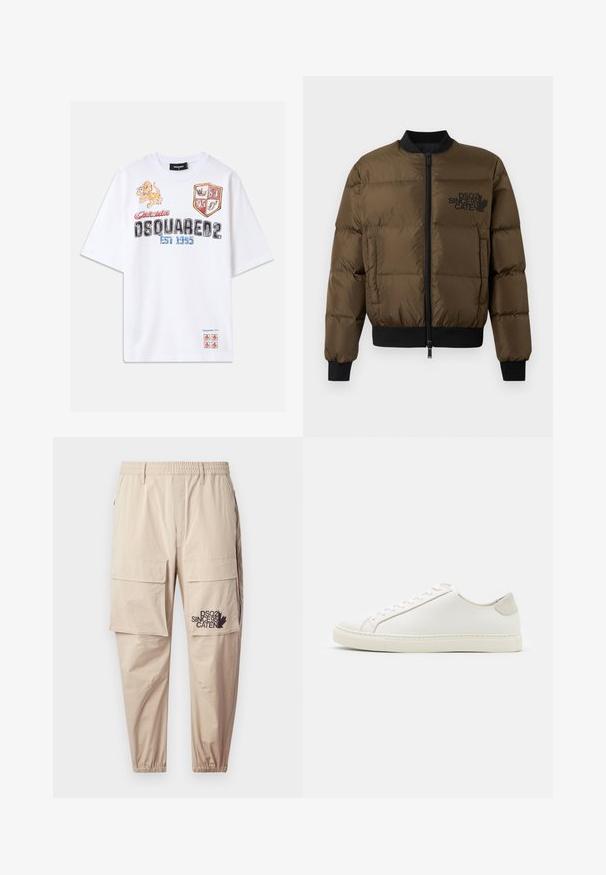 Giacca a vento verde oliva con zip frontale, polsini e orlo a coste. Presenta una stampa del logo nera sul petto e un design trapuntato.; T-shirt bianco in cotone con grafiche colorate, tra cui un leone, scudi e testo. Vestibilità comoda con maniche corte. Dettagli in rosso e blu.; Pantaloni cargo beige realizzati in tessuto leggero, dotati di vita elasticizzata, tasche con zip e un logo stampato sulla gamba sinistra.; Sneaker bianca in pelle con superficie liscia, punta rotonda e design minimalista. Presenta dettagli beige sul tallone e una suola in gomma.