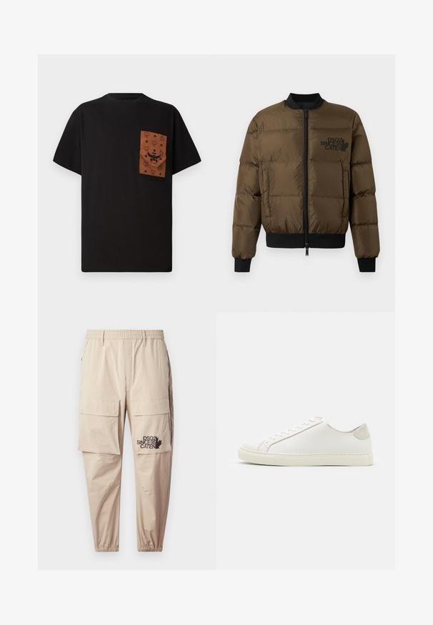 Oluvi zaļš pūkains jaciņš ar rāvējslēdzēju priekšā, ribotām piedurknēm un apakšmalu. Iezīmēts ar melnu logo druku uz krūšu un quilted dizainu.; Melns T-krekls ar brūnu kabatu, kurai ir reljefs raksts un logotips. Īsas piedurknes un apaļa kakla izgriezums. Kokvilnas audums, ikdienas piegriezums.; Gaiši brūni cargo bikses, izgatavotas no viegla auduma, ar elastīgu jostasvietu, rāvējslēdzēja kabatām un uzdrukātu logotipu uz kreisās kājas.; Balti ādas sporta apavi ar gludu virsmu, noapaļotu purngala daļu un minimālistisku dizainu. Iezīmējas ar bežām akcentiem uz papēža un gumijas zoli.