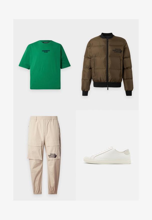 Olíva zöld puffernadrág, cipzárral elöl, bordás mandzsettákkal és szegéllyel. Fekete logónyomattal a mellkason és steppelt dizájnnal rendelkezik.; Zöld, pamutból készült póló, kerek nyakkal és rövid ujjal. A középen elhelyezett fekete "DSQUARED2 MILANO" logó található az elején.; Beige cargo nadrág könnyű anyagból, rugalmas derékkal, cipzáras zsebekkel és nyomott logóval a bal lábon.; Fehér bőr sneaker sima felülettel, kerek orral és minimalista dizájnnal. Bézs kiemelésekkel a sarokon és gumitalppal rendelkezik.
