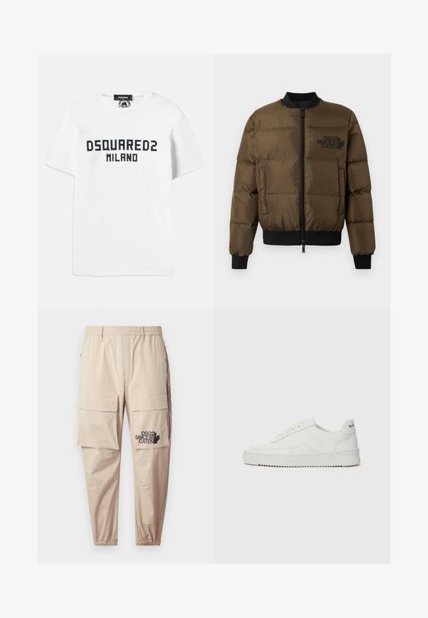 Olivno zelena pufer jakna z zadrgo spredaj, z rebrastimi manšetami in obrobom. Značilnosti vključujejo črn logotip na prsih in prešito zasnovo.; Dsquared2 COOL FIT TEE - Potiskana majica - white/dark navy; Bež hlače cargo iz lahkega materiala, z elastičnim pasom, z zadrgo in natisnjenim logotipom na levi nogi.; Bela usnjena športna obutev z gladko površino, okroglo prst, ravne vezalke in teksturiran podplat. Ima diskretno logo na peti.