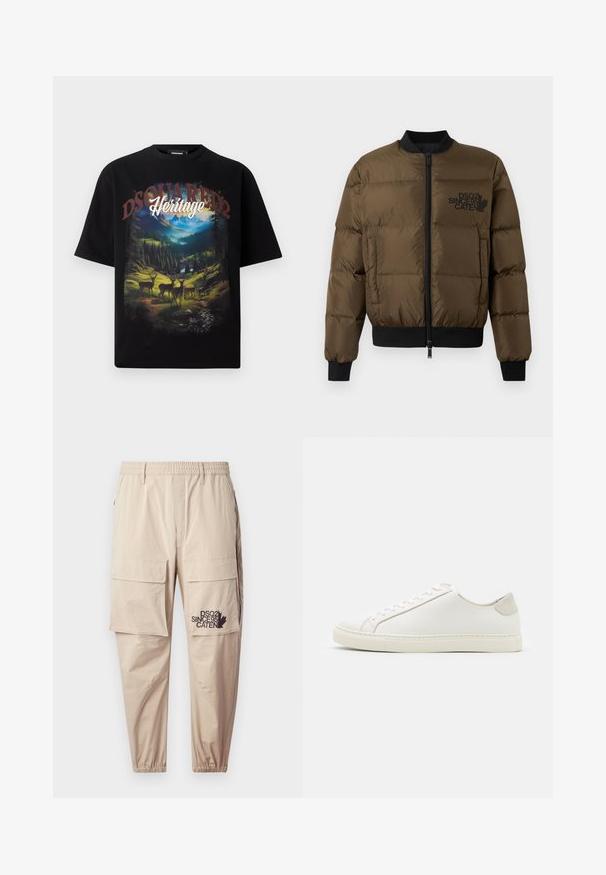 Olivengrøn puffjakke med lynlås foran, ribbede manchetter og kant. Har sort logo-print på brystet og kviltet design.; Sort kortærmet t-shirt med et farverigt landskabsgrafik med hjorte, bjerge og ordene "DSQUARED2 Heritage" i fed skrift.; Beige cargo bukser lavet af letvægtsstof, med elastisk talje, lynlåslommer og en trykt logo på venstre ben.; Hvide lædersneakers med en glat overflade, rund tå og minimalistisk design. Funktioner i beige nuancer på hælen og en gummisål.