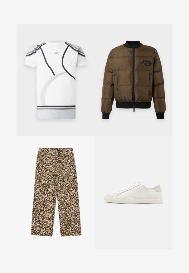 Olivgrön puffjacka med dragkedja fram, ribbade ärmslut och nederkant. Har svart logga tryckt på bröstet och quiltat mönster.; Vit sportt-shirt med grå och svarta böjda accenter, nätpaneler på axlarna och en logotyp på baksidan. Designad för en åtsittande look och komfort.; YOURTURN UNISEX - Jeans relaxed fit - beige/black; Vita lädersneakers med en slät yta, rund tå och minimalistisk design. Har beige detaljer vid hälen och en gummisula.