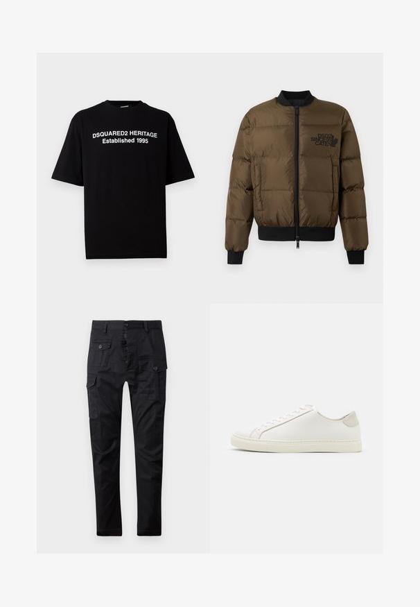 Olíva zöld puffernadrág, cipzárral elöl, bordás mandzsettákkal és szegéllyel. Fekete logónyomattal a mellkason és steppelt dizájnnal rendelkezik.; Fekete, rövid ujjú pamut póló, kerek nyakkivágással, fehér felirattal: "DSQUARED2 HERITAGE Established 1995" elől.; Fekete cargo nadrág tartós anyagból, több zsebbel, gombos zipzárral és egyenes szárú kialakítással. Simas textura és matt felület.; Fehér bőr sneaker sima felülettel, kerek orral és minimalista dizájnnal. Bézs kiemelésekkel a sarokon és gumitalppal rendelkezik.