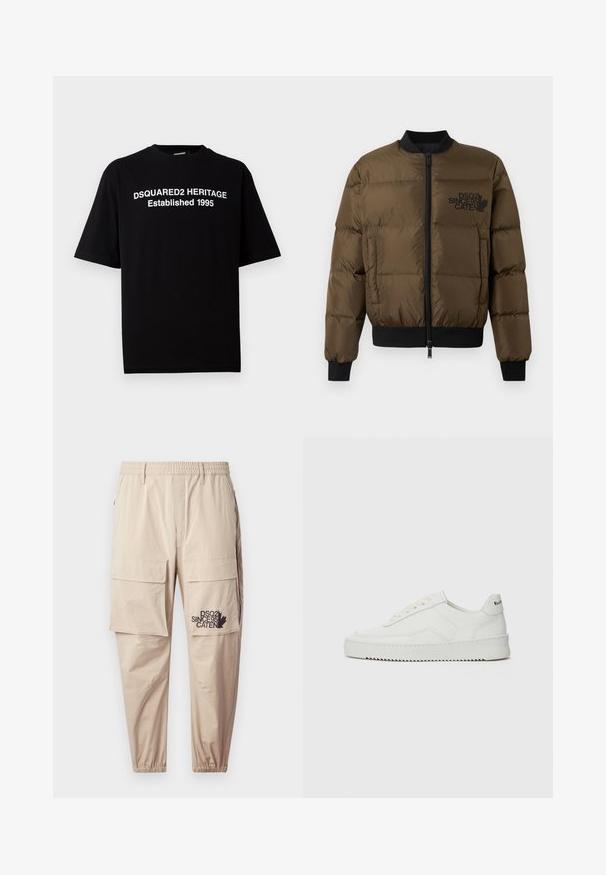 Olivgrüne Steppjacke mit Reißverschluss vorne, gerippten Bündchen und Saum. Mit schwarzem Logo-Print auf der Brust und gestepptem Design.; Schwarzes Kurzarm-T-Shirt aus Baumwolle mit Rundhalsausschnitt, auf der Vorderseite mit weißem Text: "DSQUARED2 HERITAGE Established 1995".; Beige Cargo-Hosen aus leichtem Material mit einem elastischen Bund, Reißverschlusstaschen und einem bedruckten Logo auf dem linken Bein.; Weiße Ledersneaker mit glatter Oberfläche, runder Zehenpartie, flachen Schnürsenkeln und strukturiertem Sohlenprofil. Mit einem dezenten Logo an der Ferse.