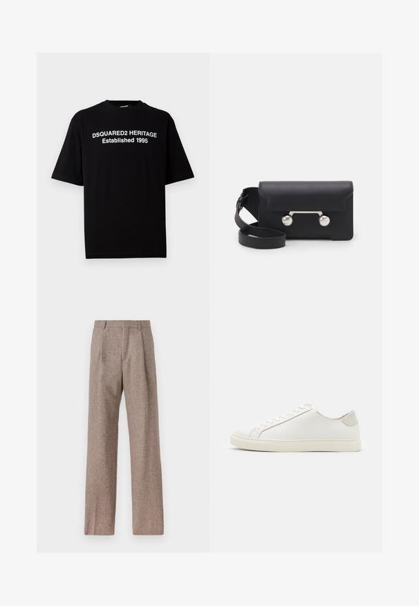 Olivovo zelená puff jacket s predným zipsom, rebrovanými manžetami a lemom. Obsahuje čierny potlač loga na prednej časti a prešívaný dizajn.; Čierne tričko s krátkym rukávom z bavlny s okrúhlym výstrihom, na prednej strane s bielym textom: "DSQUARED2 HERITAGE Established 1995".; Hnedé, vysoké nohavice vyrobené z texturovanej látky. Majú široké nohavice a dva predné záhyby pre štruktúru. Úhľadné spracovanie bez viditeľného kovania.; Biele kožené tenisky s hladkým povrchom, okrúlym špičkou a minimalistickým dizajnom. Obsahujú béžové akcenty na päte a gumovú podrážku.; Čierna kožená crossbody taška s klopovým uzáverom, strieborné nity a dve okrúhle ozdoby. Obsahuje odnímateľný popruh. Hladký povrch.