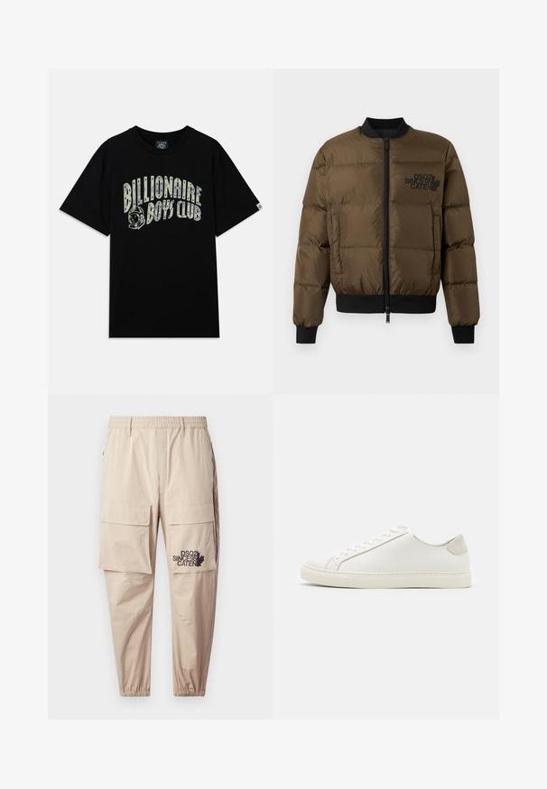 Olivově zelená péřová bunda se zipem vpředu, žebrovanými manžetami a spodním lemem. Obsahuje černý potisk loga na hrudi a prošívaný design.; Černé bavlněné tričko s krátkým rukávem, s potiskem "Billionaire Boys Club" v bílé a zelené grafice, včetně designu astronauta.; Beige cargo kalhoty vyrobené z lehké látky, s elastickým pasem, zipovými kapsami a potiskem loga na levé nohavici.; Bílé kožené tenisky s hladkým povrchem, kulatou špičkou a minimalistickým designem. Disponují béžovými akcenty na patě a gumovou podešví.