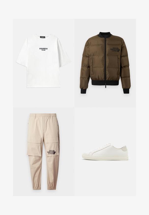 Olive green puffer jacket with a zip front, ribbed cuffs, and hem. Features black logo print on the chest and quilted design.; Dsquared2 LOOSE FIT TEE - Print T-shirt - white/dark navy; Beige cargo pants made of lightweight fabric, featuring an elastic waistband, zip pockets, and a printed logo on the left leg.; White leather sneaker with a smooth surface, round toe, and minimalistic design. Features beige accents on the heel and a rubber sole.