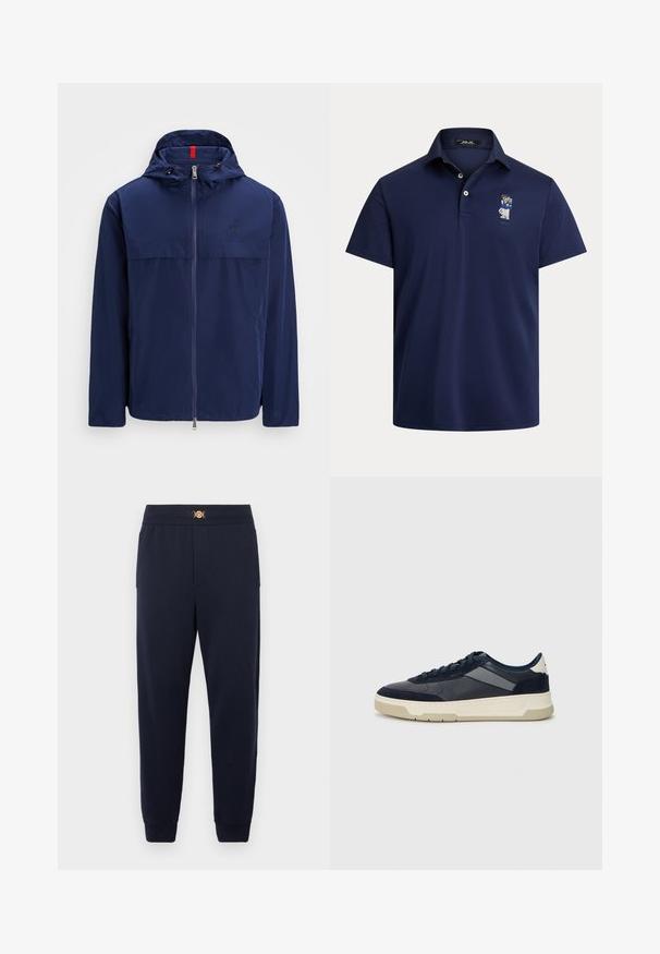Námornícka ľahká bunda s kapucňou, predným zipsom a šnúrkou na stiahnutie. Má šev na hrudi a malé logo na ľavej strane. Hladká, vodoodpudivá tkanina.; Tmavomodré polo tričko z mäkkého materiálu, s golierom so zipsom na tri gombíky a malým vyšívaným motívom postavičky na ľavej strane hrude.; Tyrkysovo modré teplákové nohavice vyrobené z mäkkej tkaniny, s pásom na sťahovanie so zlatými kovaniami, bočnými vreckami a zúženými manžetami.; BOSS BALTIMORE - Tenisky - open blue