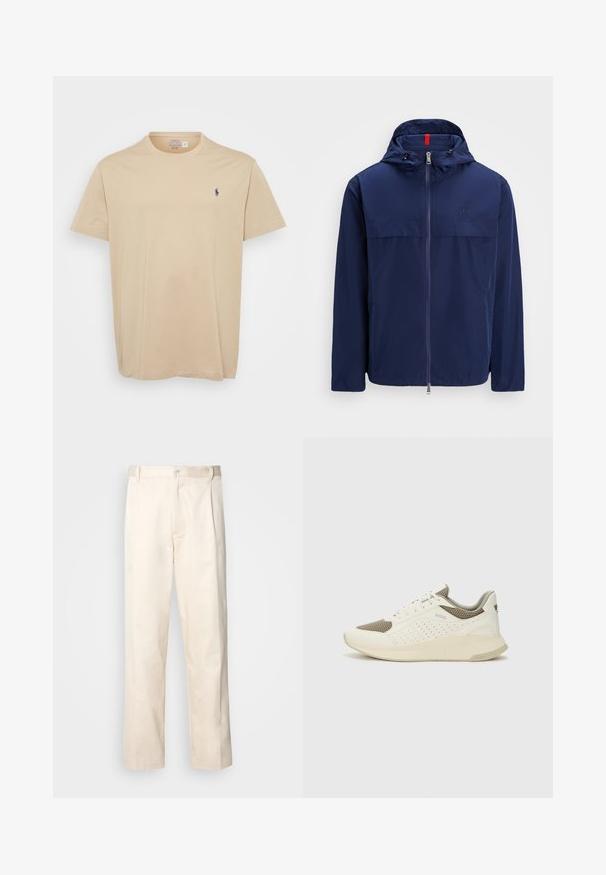 Casaco leve azul-marinho com capuz, fecho na parte da frente e cordão ajustável. Apresenta uma costura no peito e um pequeno logótipo no lado esquerdo. Tecido liso e resistente à água.; T-shirt de algodão bege com um decote redondo, mangas curtas e um pequeno logótipo bordado azul no lado esquerdo do peito. Textura suave, ajuste casual.; Calças de algodão bege com corte reto, apresentando um fecho de botão e pregas na frente para um detalhe adicional.; Sapatilha atlética branca e bege claro, com parte superior em malha, detalhes perfurados e uma entressola texturizada com marcação no calcanhar.