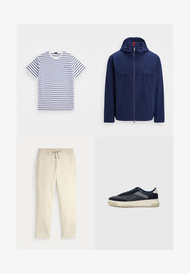 Jūreivių lengvas skydo striukė su kapišonu, priekiniais užtrauktukais ir virvutėmis. Turi krūtinės siūlę ir mažą logotipą kairėje pusėje. Lygus, vandeniui atsparus audinys.; Baltos ir mėlynos dryžuotos marškinėliai, su horizontaliais dryžiais, su apvalia iškirpte, trumpomis rankovėmis ir mažu logotipu kairėje krūtinės pusėje.; Oficialiai balti kasdieniniai kelnės su elastiniu juosmeniu ir raišteliu, tiesiomis kojomis ir šoninėmis kišenėmis prieš paprastą foną.; BOSS BALTIMORE - Sportbačiai - open blue