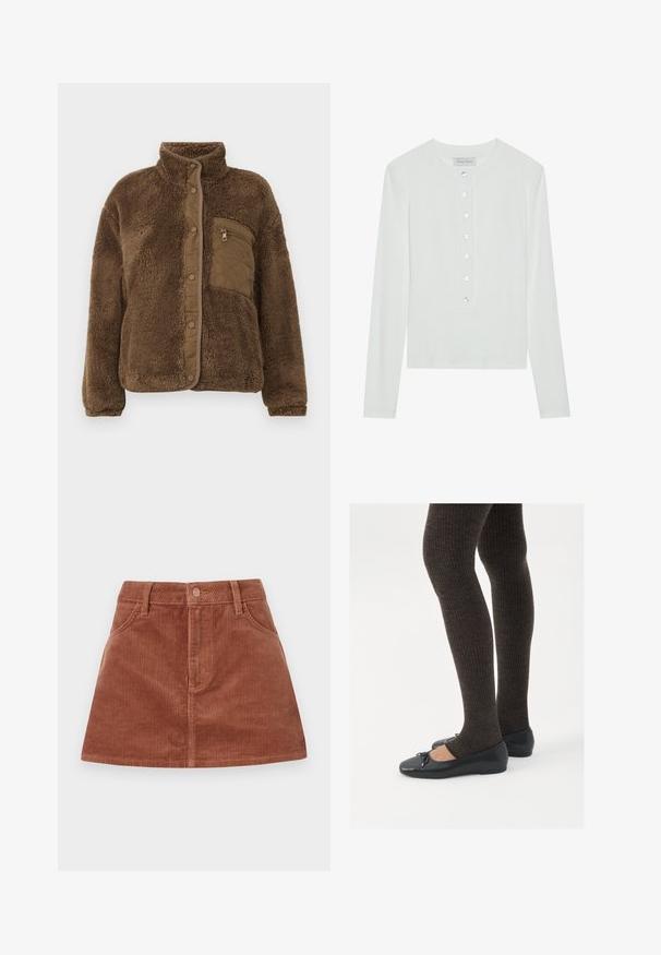Casaco de fleece castanho com colarinho alto, apresentando um bolso peitoral acolchoado e fecho de pressão na parte da frente. Tecido macio e texturizado.; Blusa branca de mangas compridas feita de tecido canelado, com decote redondo e parte da frente com botões, apresentando seis botões transparentes.; Saias mini de veludo cotelê castanho com textura ribada vertical, bolsos frontais, fecho de botão e corte reto.; Sapatos planos pretos com um pequeno laço na ponta, emparelhados com meias-calças caneladas castanhas escuras. Os sapatos têm uma textura suave e um design discretamente baixo.