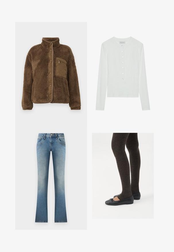 Brown fleece jacket with a high collar, featuring a quilted chest pocket and snap closures along the front. Soft, textured fabric.; White long-sleeve top made of ribbed fabric, featuring a round neckline and a buttoned front with six clear buttons.; Light blue flared jeans made of denim. Features a faded wash, five pockets, and a button closure with belt loops at the waist.; Black flat shoes with a small bow detail at the toe, paired with dark brown ribbed tights. Shoes have a smooth texture and low profile.