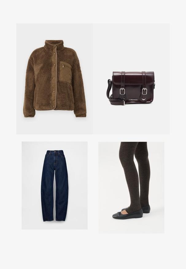 Brūns flīsa žakets ar augstu apkakli, ar quiltētu krūšu kabatu un pogu aizdari gar priekšpusi. Mīksts, strukturēts audums.; Balts ilgas piedurknes tops, izgatavots no ribota auduma, ar apaļu kakla izgriezumu un pogu priekšpusi ar sešām caurspīdīgām pogām.; Tumši zili augsto vidukļa džinsi ar brīvu piegriezumu, piecu kabatu, vienu priekšējo pogu un izšuvumu gar šuvēm.; Melnas plakano formas kurpes ar mazu loku uz pirksta, apvienotas ar tumši brūnām ribotām zeķubiksēm. Kurpēm ir gluda tekstūra un zems profils.; Burgundijas lakotas ādas crossbody soma ar taisnstūrveida formu, divām siksnām, sudraba krāsas aksesuāriem un vāku ar aizdari.