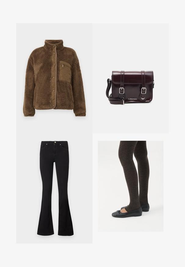 Ruskea fleece-takki, jossa on korkea kaulus, varustettuna tikatulla rintataskulla ja napitus edessä. Pehmeää, teksturoitua kangasta.; Valkoinen pitkähihaisella puserolla, joka on valmistettu ribbitetystä kankaasta. Puserossa on pyöreä pääntie ja kuuden läpinäkyvän napin pujotettu etuosa.; Mustat korkeavyötäröiset farkut, joissa on leveät lahkeet, etuvetoketju ja nappikiinnitys sekä viisi taskua valkoista taustaa vasten.; Mustat matalat kengät, joissa on pieni nauha varpaissa, yhdistettynä tummanruskeisiin ribattuisiin sukkahousuihin. Kengissä on sileä pinta ja matala profiili.; Burgundin värinen lakattu nahkainen olkapussukka, jossa on suorakulmainen muoto, kaksi hihnaa, hopeiset yksityiskohdat ja läppäkiinnitys.