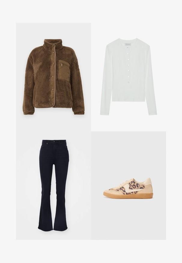 Brown fleece jacket with a high collar, featuring a quilted chest pocket and snap closures along the front. Soft, textured fabric.; White long-sleeve top made of ribbed fabric, featuring a round neckline and a buttoned front with six clear buttons.; Dark blue flared jeans with a high waist, made of denim, featuring classic five-pocket styling and a zip fly closure.; Leopard print sneakers with beige suede upper, tan rubber sole, and white accents. Round toe and lace-up design with a textured finish.