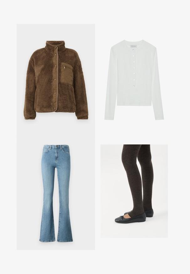 Chaqueta de forro polar marrón con cuello alto, que presenta un bolsillo en el pecho acolchado y cierres a presión en la parte frontal. Tejido suave y texturizado.; Top blanco de manga larga hecho de tela acanalada, con un cuello redondo y un cierre frontal abotonado con seis botones transparentes.; Vaqueros de mezclilla azul claro con cintura alta y perneras acampanadas, que cuentan con bolsillos frontales y cierre de botón.; Zapatos planos negros con un pequeño lazo en la punta, combinados con medias de punto en marrón oscuro. Los zapatos tienen una textura suave y un perfil bajo.
