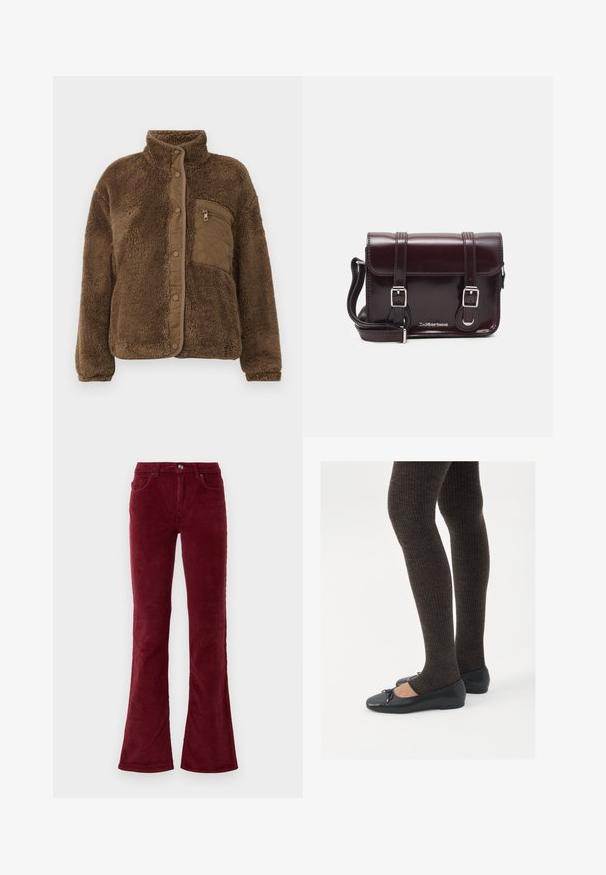 Giacca in pile marrone con colletto alto, caratterizzata da una tasca sul petto trapuntata e chiusure a scatto lungo la parte anteriore. Tessuto morbido e texture.; Top bianco a maniche lunghe realizzato in tessuto a costine, presenta un collo rotondo e una parte frontale con sei bottoni trasparenti.; Pantaloni a palazzo in velluto a coste bordeaux con tasche frontali, passanti per cintura e chiusura con bottone su uno sfondo bianco semplice.; Scarpe nere a flat con un piccolo fiocco sulla punta, abbinate a collant a coste marrone scuro. Le scarpe hanno una texture liscia e un profilo basso.; Borsa a tracolla in pelle verniciata bordeaux con forma rettangolare, due manici, accessori in argento e chiusura a patta.