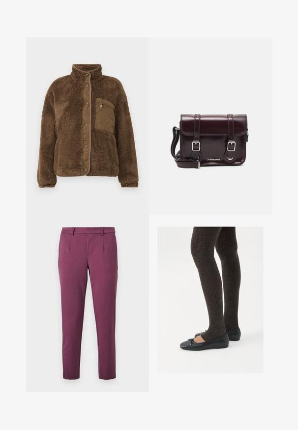 Brown fleece jacket with a high collar, featuring a quilted chest pocket and snap closures along the front. Soft, textured fabric.; White long-sleeve top made of ribbed fabric, featuring a round neckline and a buttoned front with six clear buttons.; Straight-cut, plum-colored trousers with belt loops, side pockets, and a tailored waistband against a white background.; Black flat shoes with a small bow detail at the toe, paired with dark brown ribbed tights. Shoes have a smooth texture and low profile.; Burgundy patent leather crossbody bag with a rectangular shape, two straps, silver hardware, and a flap closure.