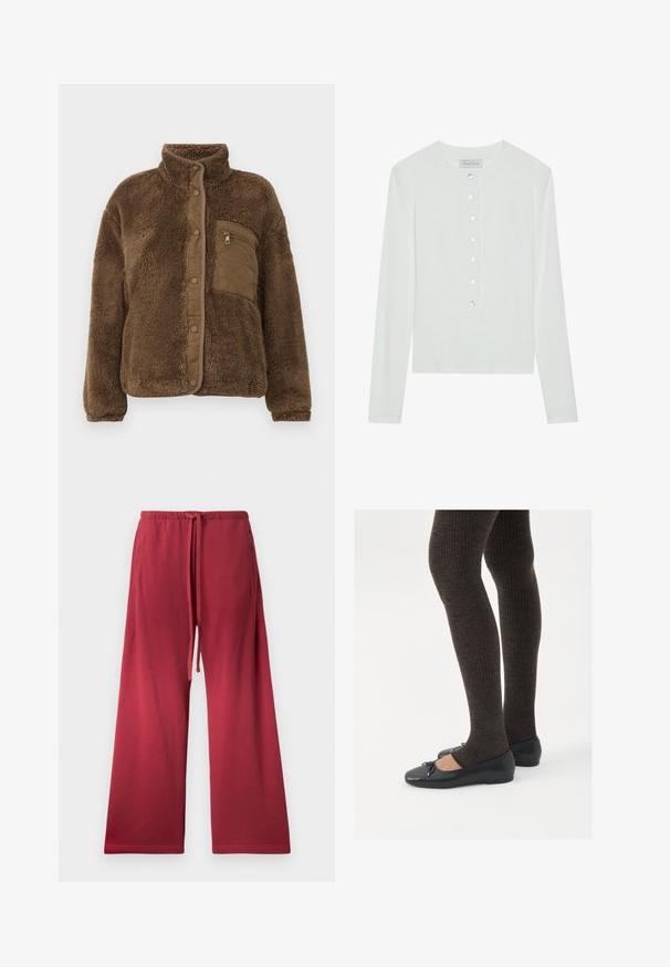 Bruine fleecjas met een hoge kraag, voorzien van een gewatteerde borstzak en drukknoopsluitingen aan de voorkant. Zachte, gestructureerde stof.; Witte lange mouwen top van ribstof, met een ronde halslijn en een knopenfront met zes doorzichtige knopen.; Rode wijde broek gemaakt van zachte stof, met een elastische tailleband met een trekkoord en zijzakken voor extra gemak.; Zwarte platte schoenen met een kleine strikdetail op de neus, gecombineerd met donkerbruine geribbelde panty’s. De schoenen hebben een gladde textuur en een lage profiel.