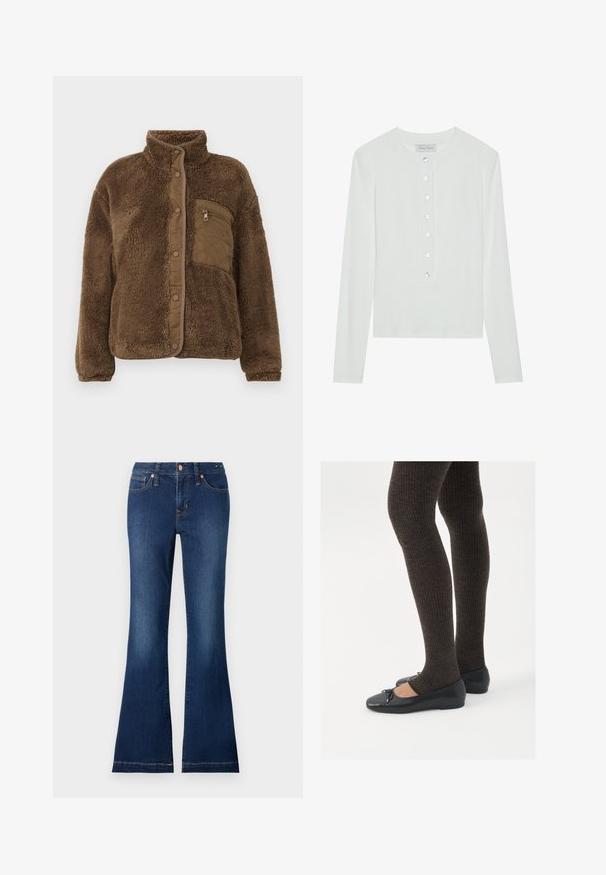 Ruda pūkinė striukė su aukštu kaklu, turinti siuvinėtą krūtinės kišenę ir snapelių užsegimus priekyje. Minkšta, tekstūruota medžiaga.; Balta ilga rankovė viršutinė dalis, pagaminta iš glotnaus audinio, su apvaliu iškirpimu ir mygtukais priekyje, turinčiais šešis permatomus mygtukus.; Tamsiai mėlynos spalvos išsiplėtę džinsai, turintys priekinės kišenės, metalinius mygtukus ir subtilius siuvimo akcentus. Medvilnės audinys su lygiu paviršiumi.; Juodos plokščios bateliai su maža kaspinėlio detale prie pirštų, derinami su tamsiai rudos spalvos raukšlėtomis pėdkelnėmis. Bateliai turi lygų paviršių ir žemą profilį.