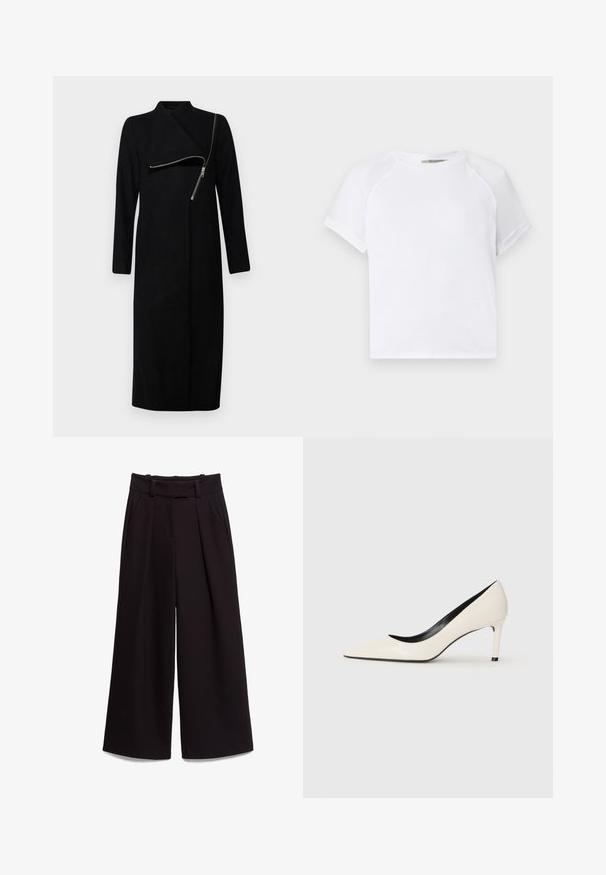 AllSaints MARGOH COAT - Casaco clássico - black; T-shirt de algodão branco com decote redondo, mangas raglan curtas e um corte descontraído. Textura suave sem padrões ou acentos visíveis.; Calças largas pretas feitas de um tecido suave, com uma cintura alta, passantes para cinto e dois bolsos frontais. O design plissado acrescenta textura.; Sapatilha alta em couro sintético branco com bico fino, salto esbelto e detalhes interiores em preto. Textura suave e design elegante.