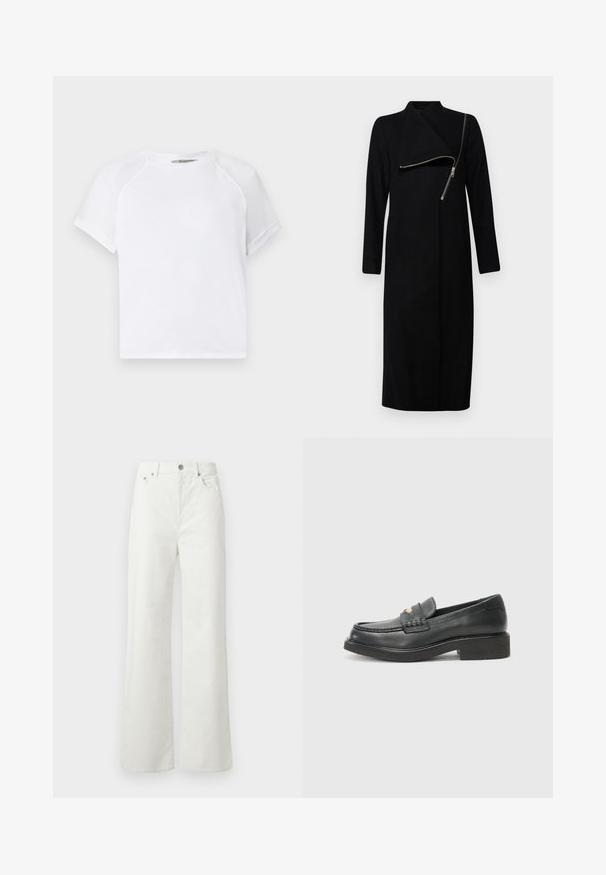 AllSaints MARGOH COAT - Classic coat - black; White cotton t-shirt with a crew neckline, short raglan sleeves, and a relaxed fit. Smooth texture with no visible patterns or accents.; Samsøe Samsøe SHELLY - Relaxed fit jeans - clear cream; Black leather loafers featuring a woven accent on the vamp, a gold logo detail, and a chunky black rubber sole. Smooth texture with slight gloss.