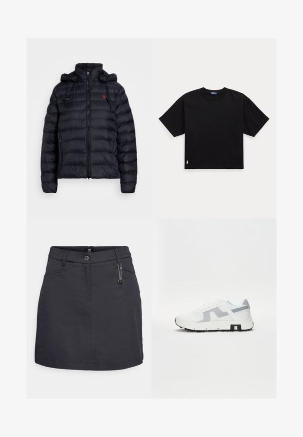 Polo Ralph Lauren WATER RESISTANT PACKABLE HOODED JACKET - Lahka jakna - black; Črna bombažna majica s kratkimi rokavi, okroglo ovratnikom in majhnim belim logotipom na spodnjem levem delu. Klasična, kvadratna oblika z minimalnimi detajli.; Kratka črna krila z gladko teksturo, ki ima sprednje zapiranje na gumb, stranske žepke in okrasno verižico na pasu.; Bela atletska tenisa z sivo akcentom, teksturiran zgornji del, debel podplat in kontrastna črna podloga pete. Zavezovanje s sprednjim delom in mrežnimi paneli.