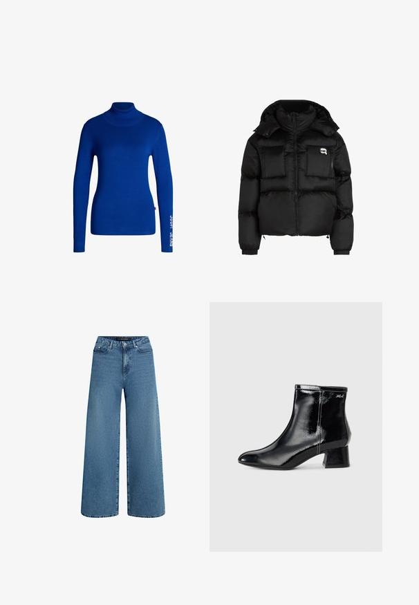 Giacca a vento nera con collo alto, zip frontale, due grandi tasche anteriori e polsini elasticizzati. Tessuto liscio e lucido con cappuccio.; Maglione a collo alto blu realizzato in tessuto morbido e elasticizzato. Presenta maniche lunghe e la scritta "JOOP! JEANS" stampata in bianco sulla manica destra.; Jeans a gamba larga in denim blu medio, con vita alta, design a cinque tasche e lievi sbiaditure. Rifinitura pulita su orlo e vita.; KARL LAGERFELD BONNIE - Stivaletti - black