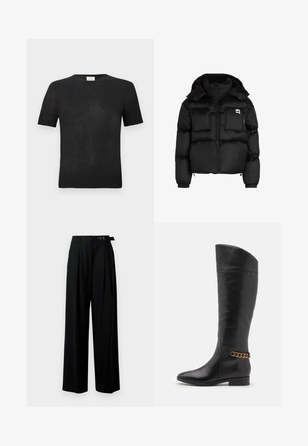 Juodas pūkinis švarkas su aukštu apykakle, užtrauktuku priekyje, dviem didelėm priekinėm kišenėm ir elastingomis rankovėmis. Lygus, blizgus audinys su kapišonu.; Juodo trumpomis rankovėmis marškinėliai, pagaminti iš lengvos, tekstūruotos medžiagos. Apvalus iškirpimas su subtiliu raišteliu rankovių ir apačios kraštuose.; Juodos plačios kojų kelnės su aukštu liemeniu, priekinėmis klostėmis ir diržu su sagtimi. Pagamintos iš lygaus, lengvo audinio.; Aukšti juodi odiniai batai su liekna forma, smailiu smaigaliu ir aukso grandinėlės akcentu ties kulkšnimi. Žemas bloko kulnas. Lygi tekstūra.