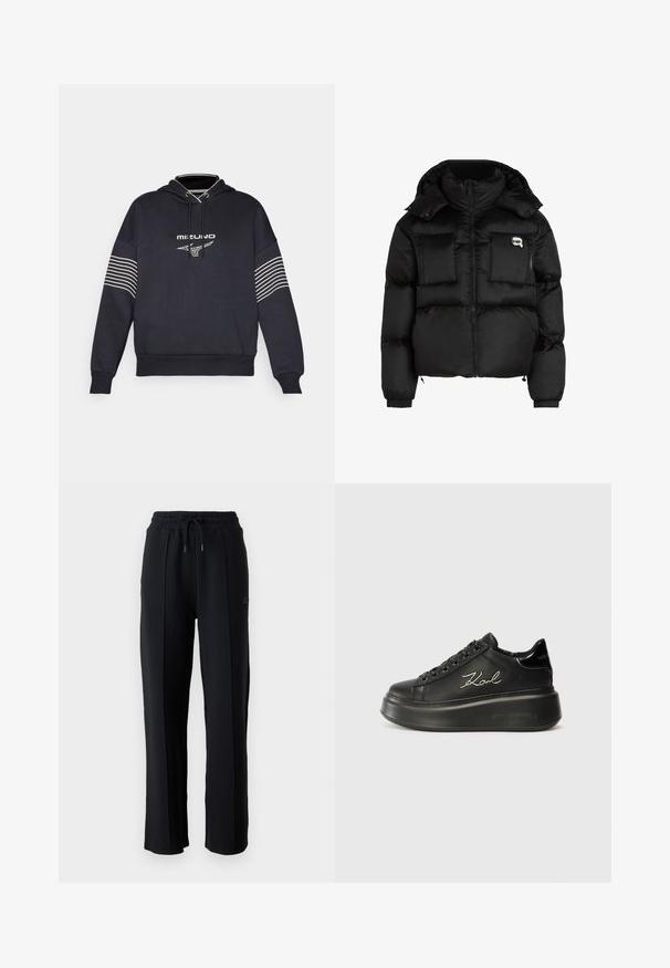 Fekete puffertakó, magas gallérral, cipzáras elülső résszel, két nagy elülső zsebbel és rugalmas mandzsettákkal. Sima, fényes anyagból készült, kapucnival.; Sötét tengerészkék kapucnis pulóver pamut keverékből, elöl logóval és fehér vízszintes csíkokkal az ujjakon. Normál szabású és állítható húzózsinórral ellátott kapucni.; Fekete melegítőnadrág laza szabással, rugalmas derékpánttal, állítható húzózsinórral és függőleges varrásokkal a lábak mentén. Puha szövet textúra.; Fekete platform sportcipők, amelyek sima bőr felsőrésszel, lapos fűzőkkel és hímezett "Karl" logóval rendelkeznek az oldalukon. Kerek orrúak és vastag talpúak.