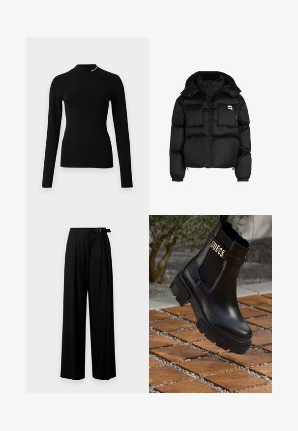 Svart pufferjakke med høy krage, glidelås foran, to store frontlommer og elastiske mansjetter. Glatt, blankt stoff med hette.; Svart langermet turtleneck genser laget av glatt, elastisk stoff. Har en tettsittende silhuett og en kontrastlogo detalj på kragen.; Svarte vide bukser med høy livlinje, folder foran og belte med spenne. Laget av glatt, lett materiale.; Svarte lær ankelstøvler med en kraftig gummisåle, elastiske sidestykker og et gullfarget detalj med "GUESS"-merke.