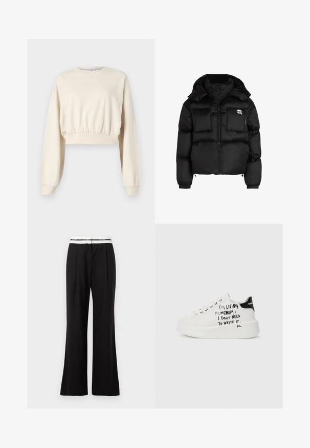 Svart pufferjakke med høy krage, glidelås foran, to store frontlommer og elastiske mansjetter. Glatt, blankt stoff med hette.; Skjært, beige sweatshirt med lange, puffermer. Har elastisk midje og ribbede mansjetter. Diskret logo brodert nær halslinningen.; Sorte bukser med avslappet passform, med hvit elastisk midjebånd med merkevare. Laget av glatts materiale med en lett glans.; Hvite plattform sneakers med svarte detaljer, med en teksturert såle og håndskrevet tekst på sidene. Glatt lærmateriale.