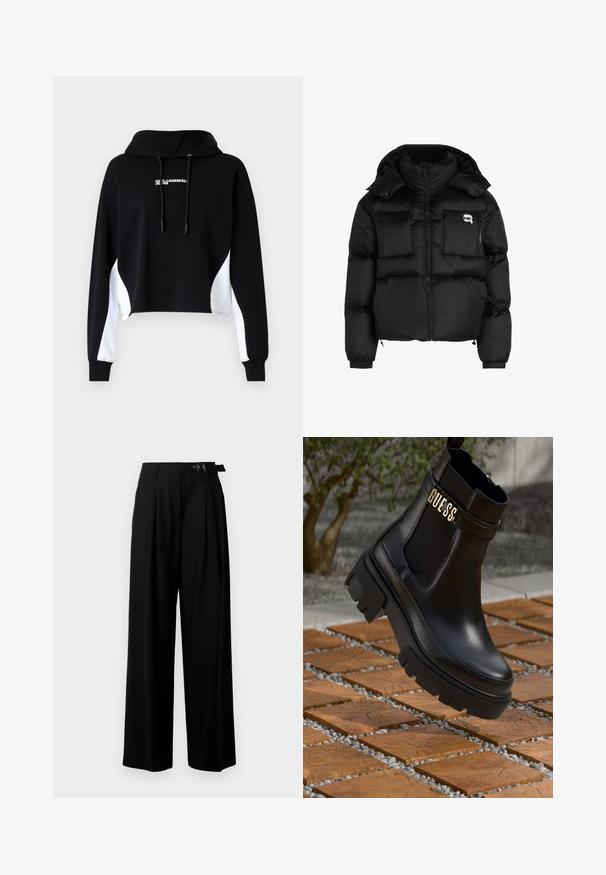 Crni puffer jakna s visokim ovratnikom, zatvorenjem na zip, dva velika prednja džepa i elastičnim rukavima. Glatka, sjajna tkanina s kapuljačom.; Crna skraćena dukserica s bijelim bočnim panelima, kapuljačom s pertlama i natpisom sprijeda. Izrađena od mekanog materijala; ima dugačke rukave i rebraste manžete.; Crne široke hlače s visokim strukom, nabranima sprijeda i remenom s kopčom. Izrađene od glatkog, laganog materijala.; Crne kožne gležnjače s debelim gumiranim potplatom, elastičnim bočnim panelima i zlatnim detaljem s "GUESS" brendom.
