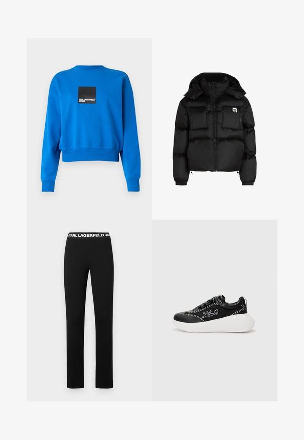 Fekete puffertakó, magas gallérral, cipzáras elülső résszel, két nagy elülső zsebbel és rugalmas mandzsettákkal. Sima, fényes anyagból készült, kapucnival.; Rövidített kék pulóver, puha anyagból, fekete négyzet alakú logóval, fehér szöveggel, bordázott mandzsettákkal és nyakkal.; Fekete leggings széles, fehér márkázott derékkal. Simaságukkal és rugalmas anyagukkal jellemzik őket, egyenes szabásúak és minta nélkül készültek.; Fekete sneaker fehér talppal, bőrből és szövetből készült. Kontrasztos varrással és logóval rendelkezik az oldalon. Enyhén megemelt sarokkal.