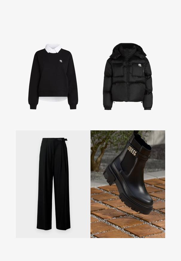 Svart pufferjacka med hög krage, zippered front, två stora framfickor och elastiska ärmslut. Slät, glänsande tyg med huva.; Svart sweatshirt med en vit skjortkrage och fåll, med en liten logotyp på bröstet. Tillverkad av mjukt material, med långa ärmar.; Svarta byxor med vida ben och hög midja, med veck framtill och ett bälte med spänne. Tillverkade av ett mjukt, lätt tyg.; Svart läderankelsko med en kraftig gummisul, elastiska sidopaneler och en guldfinish med "GUESS"-logotyp.